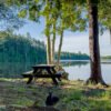 A view of the calm lake from the point with the picnic table included. A squirrel is expectantly watching in the foreground. This landscape shot was taken as part of the filming of the 'Landscape Theatre - Lakefront' series by KiltRockMedia.com.